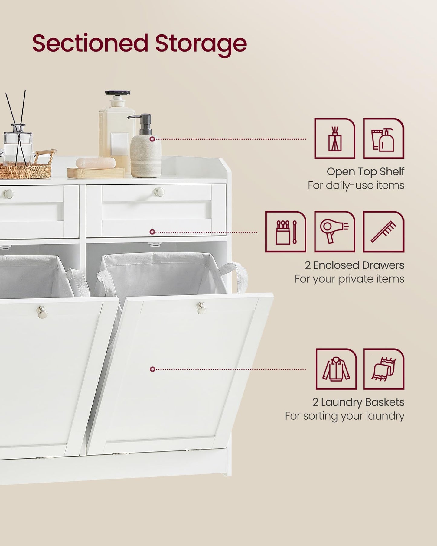 VASAGLE Laundry Cabinet with Tilt-Out Basket, Freestanding Storage Unit with Drawer and Laundry Hamper, for Bathroom, Living Room, 15.8 x 31.1 x 31.5 Inches, Cloud White UBBC751W01