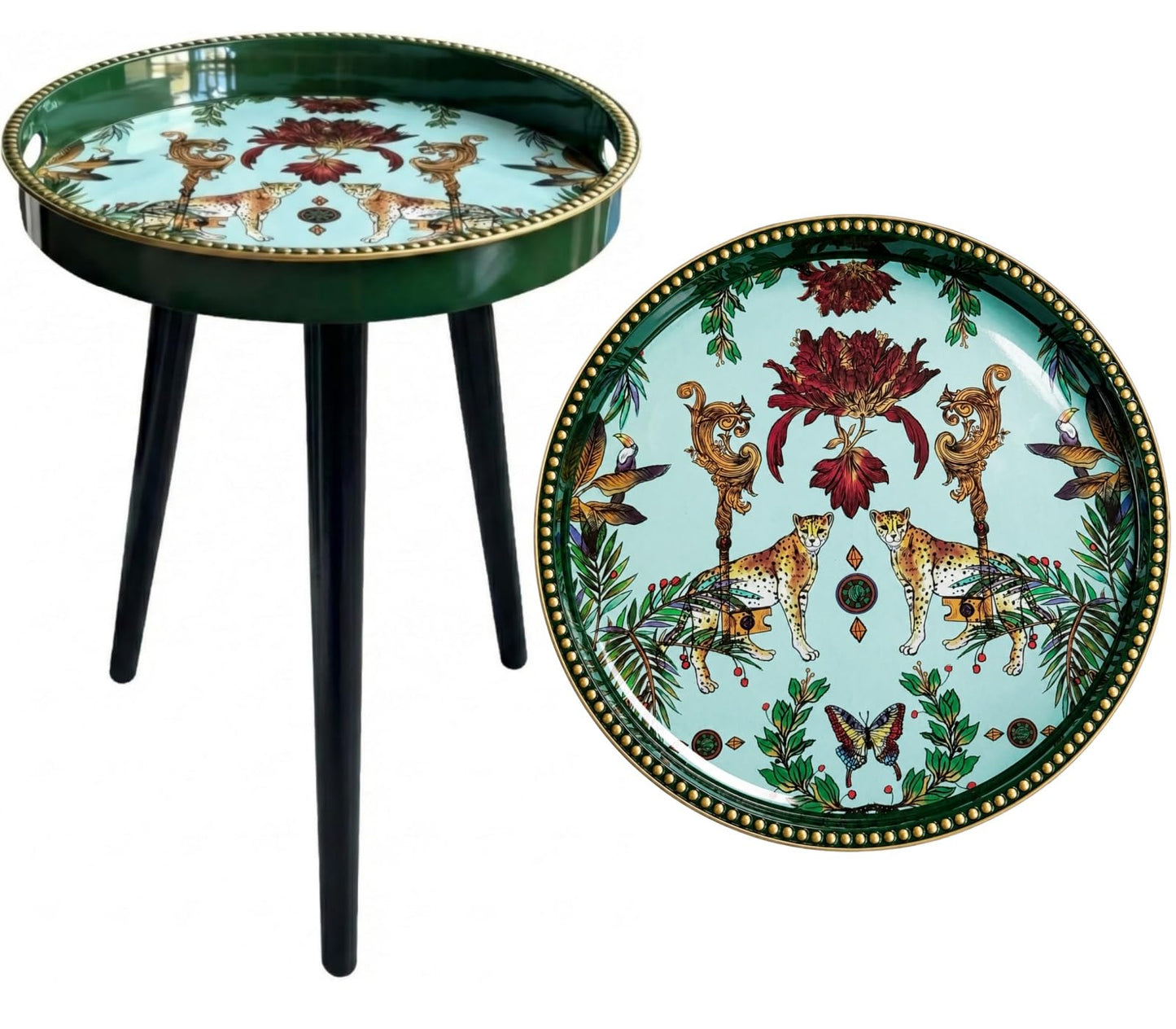 Zosenley Small Round Side Table - 13 Inch Emerald Green Boho End Table with Vintage Cheetah Pattern Tray - Unique Tropical Accent Table with Moisture-Resistant Wrapped Legs for Living Room & Bedroom