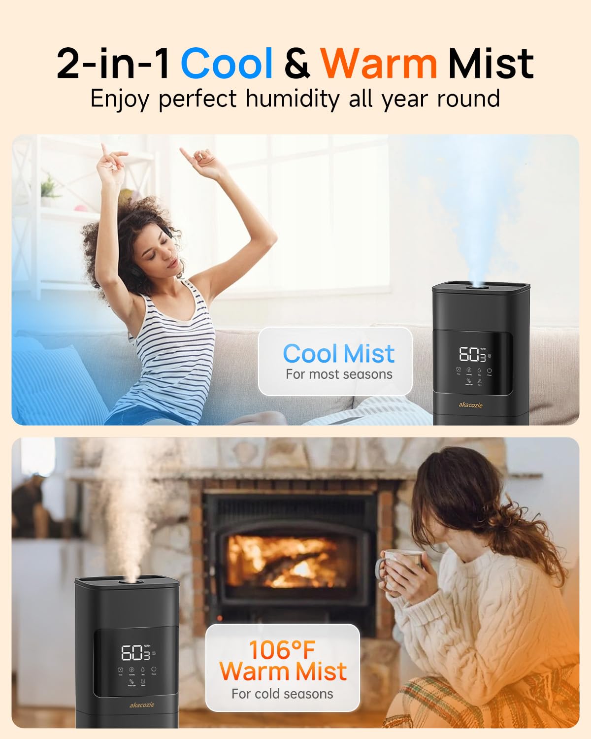 Akacozie Warm & Cool Mist Humidifiers for Bedroom 500 sq ft, 2.1Gal/8L Humidifier Large Room with Essential Oil Diffuser, Top-Fill Large Room Humidifiers for Home Baby Nursery Plants Office