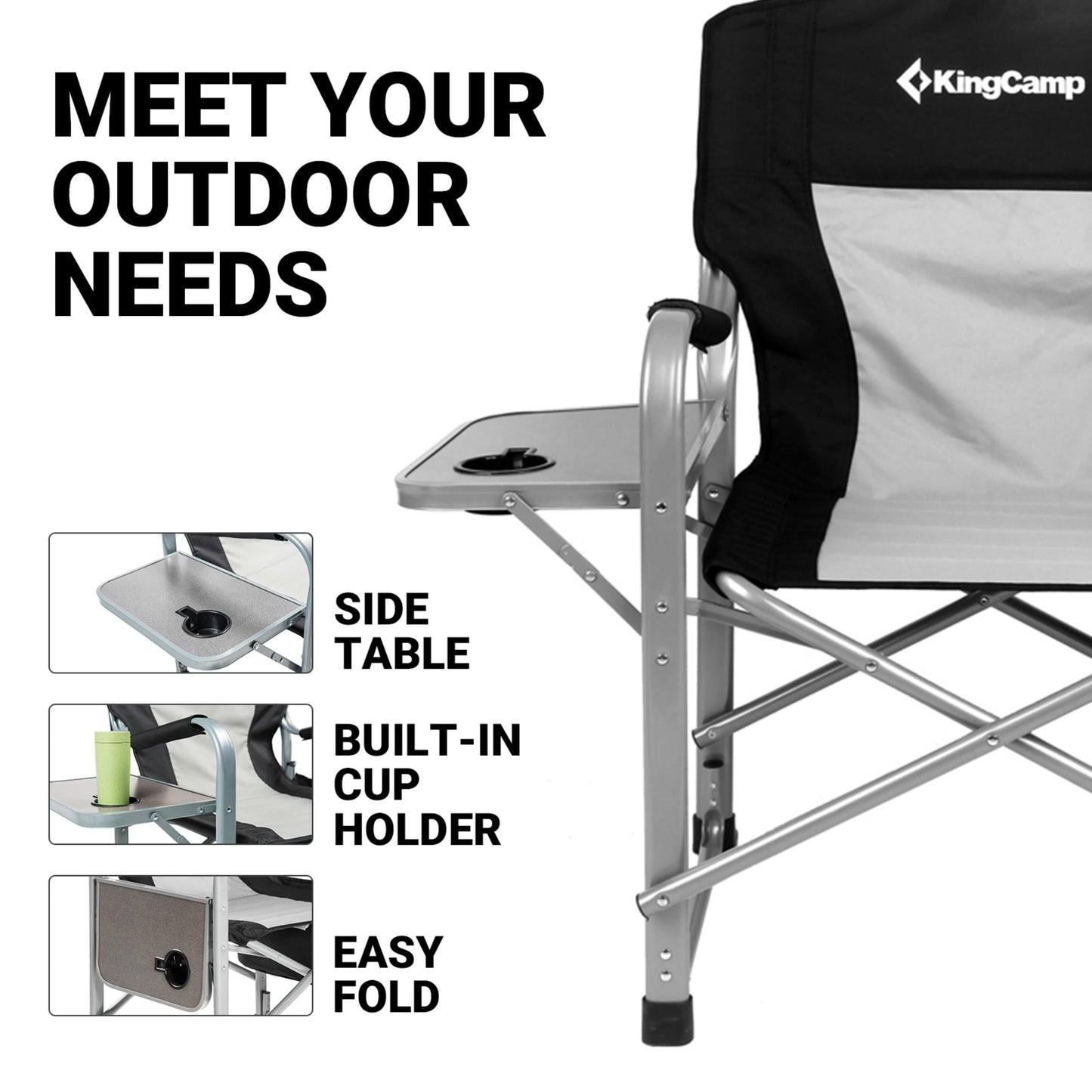 KingCamp XXL Oversized Directors Chair with Side Table, Folding Camping Chairs Heavy Duty 600lbs with Cooler Bag, Portable Camp Chair with Wide Seat for Hiking Fishing Lawn Outdoor and Sports