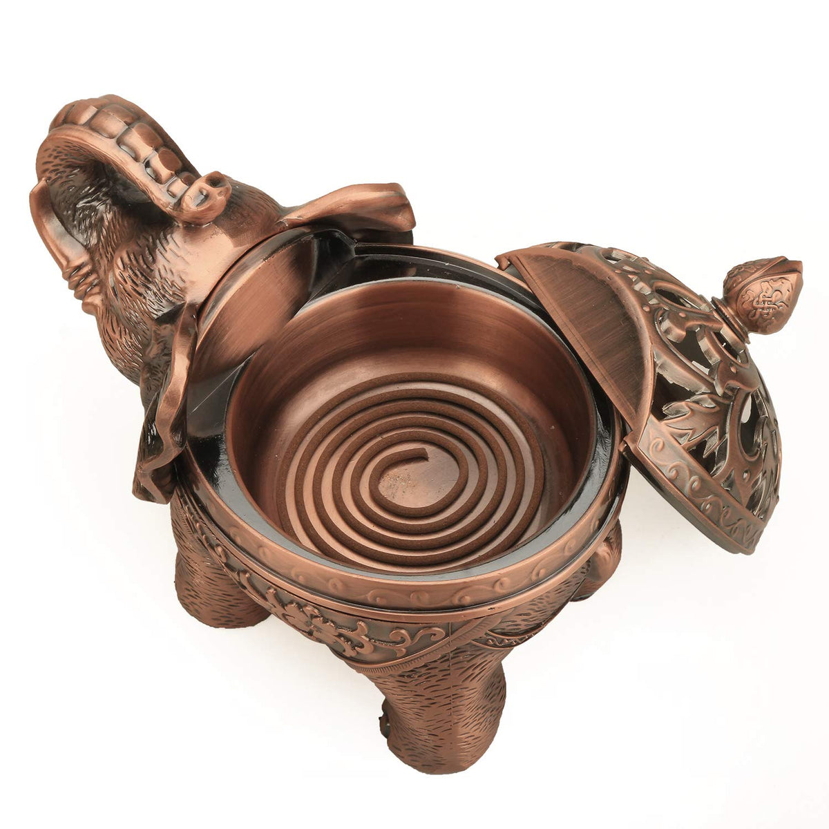 K COOL Alloy Incense Holder Stand Elephant Cone Coil Incense Burner Ash Catcher with Lid, Aromatherapy Ornament Home Decoration for Indoor Outdoor (Red Copper)