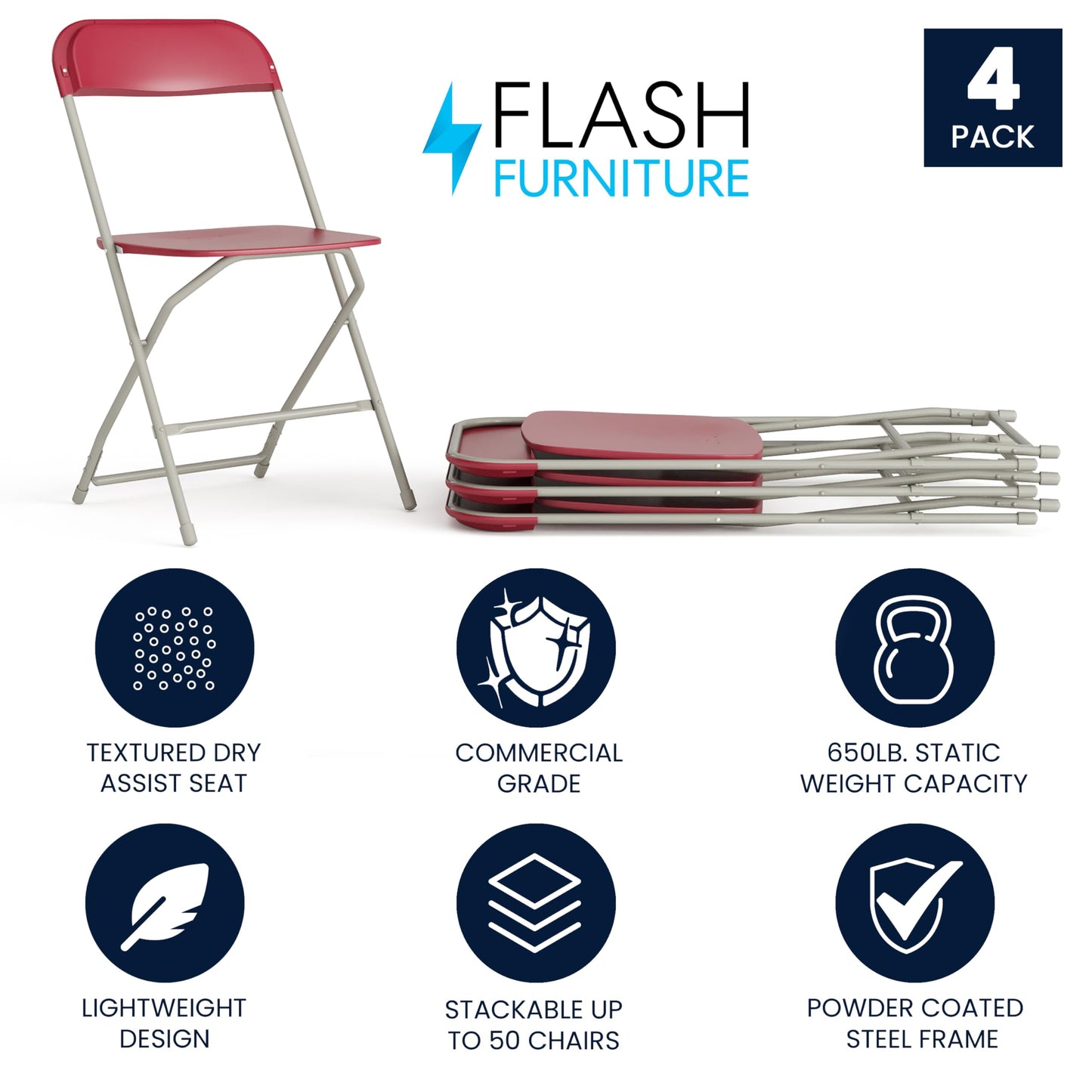 Flash Furniture Hercules Series Plastic Folding Chair - Red - 4 Pack 650LB Weight Capacity Comfortable Event Chair-Lightweight Folding Chair