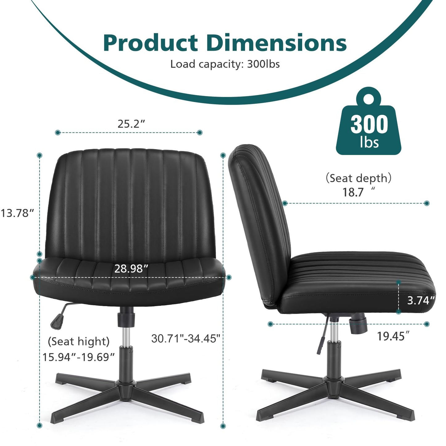 OLIXIS Criss Cross Legged Chairs No Wheels, Wide Seat Height Adjustable Swivel Chair,Padded PU Leather Armless Desk Chair for Home Office Bedroom, Student, Study Room,Black-Pu