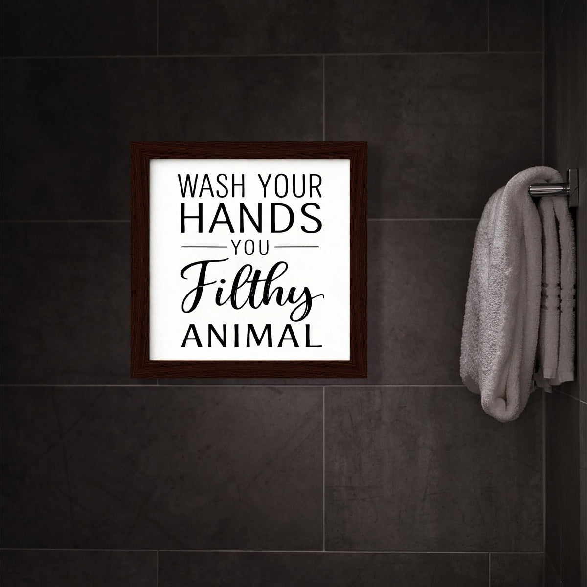 Funny Bathroom Wall Art Poster Wooden Framed Sign Black And White Bathroom Decor Wash Your Hands Sign For Kids Mens Toilet Quotes Signs 8×8 inch