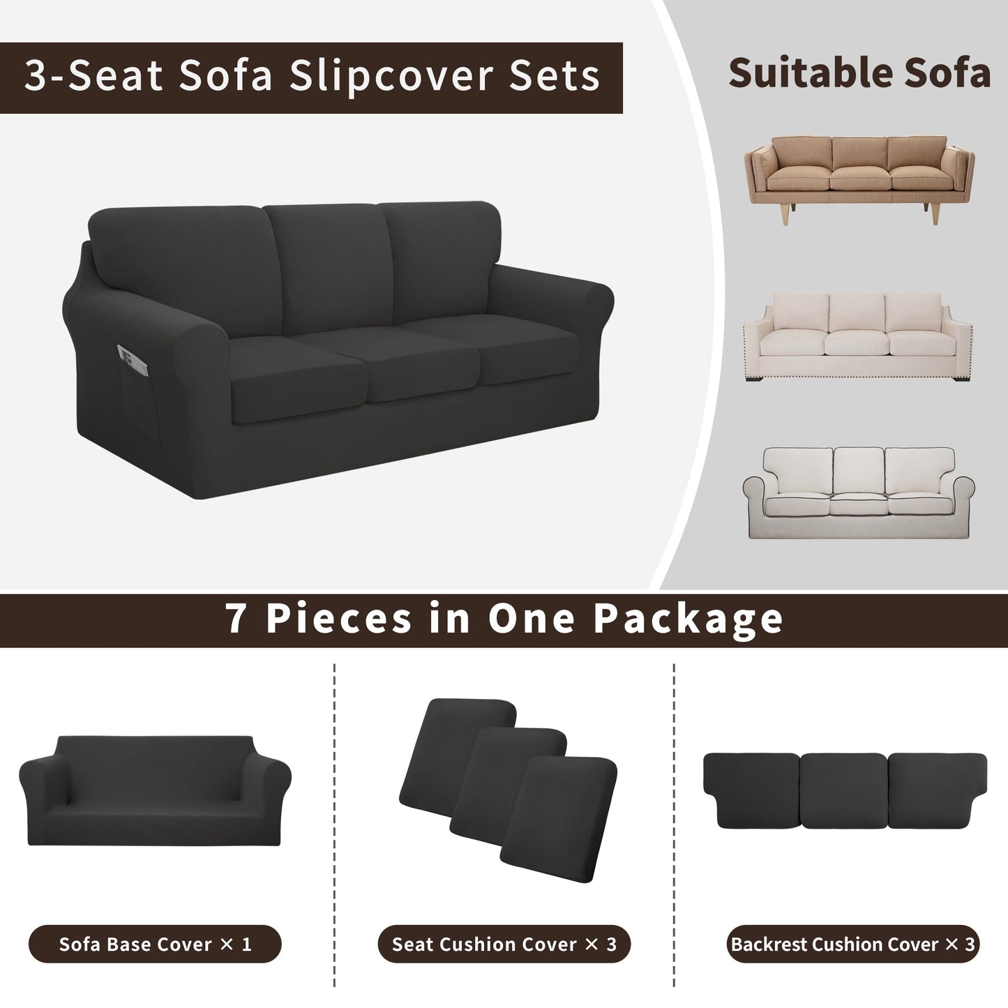 Easy-Going 7 Pieces Stretch Couch Cover Washable Sofa Cover Set for 3 Backrest and Seat Cushion Couch Anti-Slip Sofa Slipcover Furniture Protector with Elastic Bottom (Large, Dark Grey)