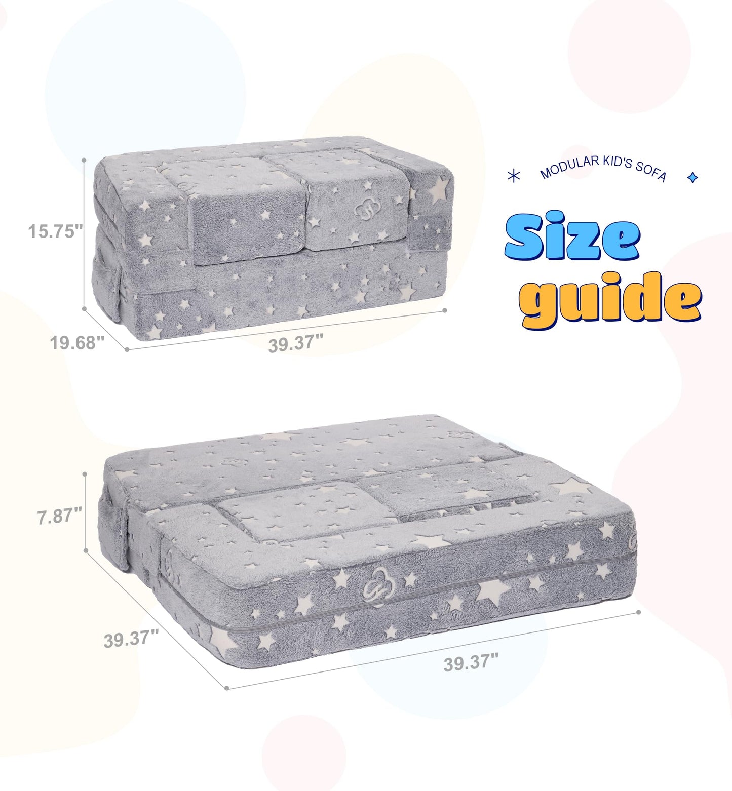 Elftopia Modular Kids Sofa, Glow in The Dark Star Plush Couch, Convertible Kids Play Set, Fold Out Sofa Bed(Stars)