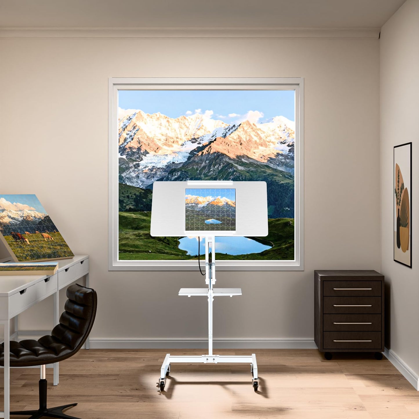 FULOOPHI Mobile Standing Desk with Wheels, Height Adjustable Laptop Table, 27.56 Inch Portable Ergonomic Workstation with Locking Casters & Tilting Top, White