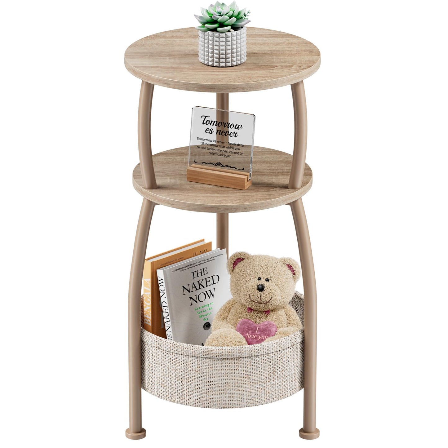 Yuede Small Side Table with Storage Basket, Space Saving Round End Table 3-Tier Bedside Corner Stand for Living Room, Bedroom, Garden and More 11.81in Light Oak