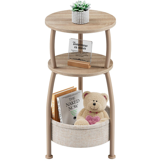 Yuede Small Side Table with Storage Basket, Space Saving Round End Table 3-Tier Bedside Corner Stand for Living Room, Bedroom, Garden and More 11.81in Light Oak