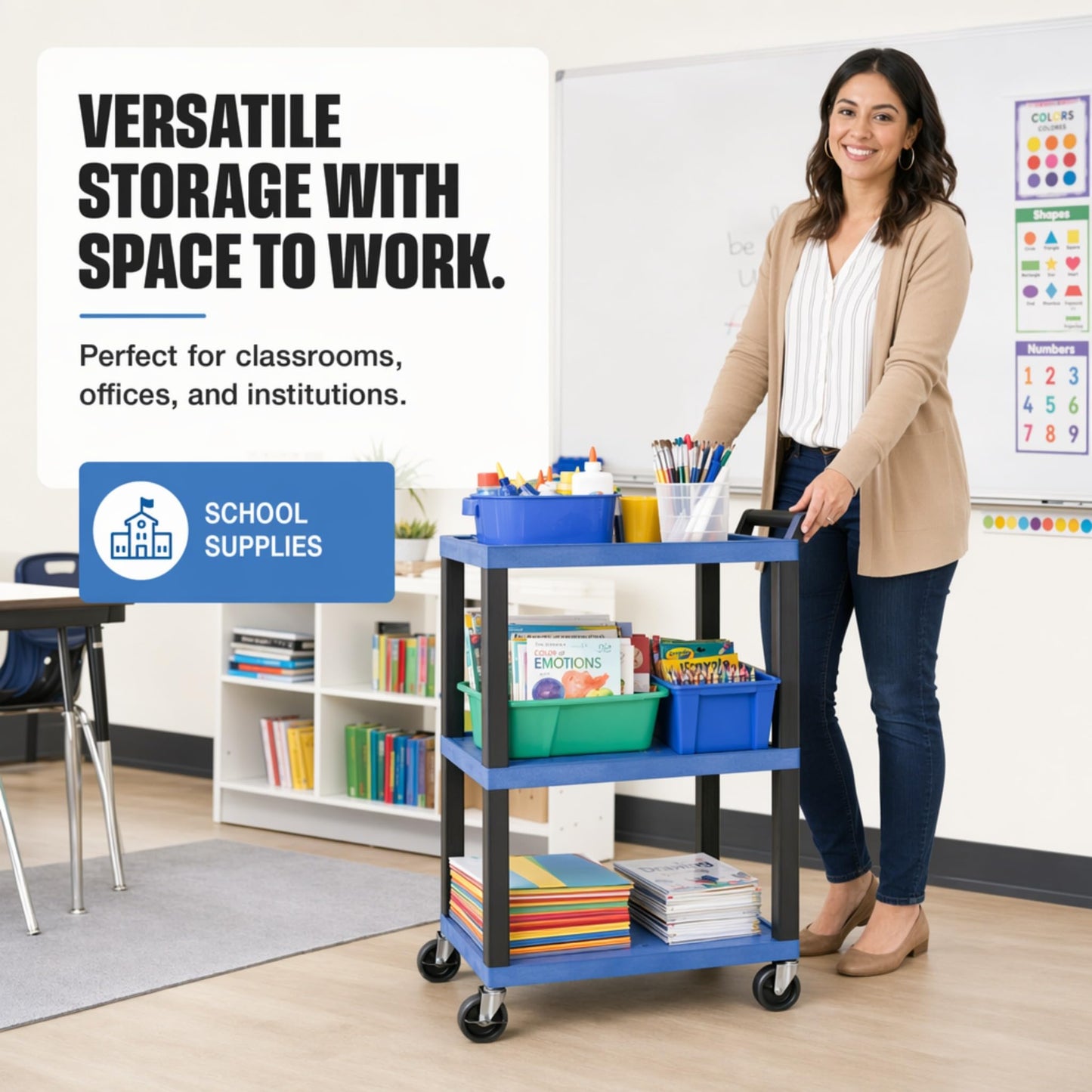 Classroom Basics WT34BUS Utility Cart, 3-Shelf Multipurpose Service Cart, 24" W x 18" D x 34" H, 300 lb Capacity, Molded Plastic with Ergonomic Handle, Flat Shelves, Blue Shelf and Black Leg