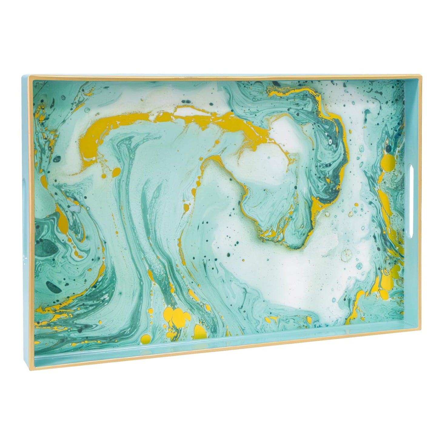 MAONAME Turquoise Serving Tray with Handles, Plastic Decorative Tray for Coffee Table, Marbling Rectangular Trays for Bathroom, Ottoman, Storage, 15.7" Lx 10.2" W X 1.57" H