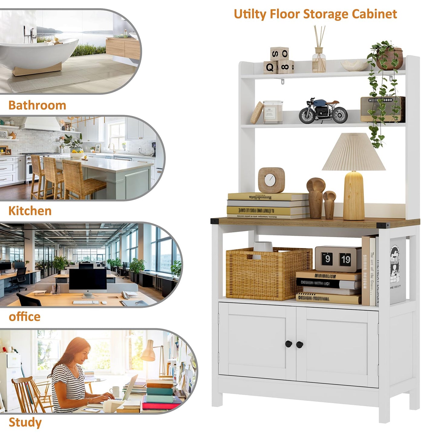 Lomojo Microwave Stand Bakers Rack Cabinet, Freestanding 5-Tier Kitchen Shelves, Farmhouse Floor Hutch Door Thickened Counter,Utility Storage Shelf, Coffee Bar(White and Brown)
