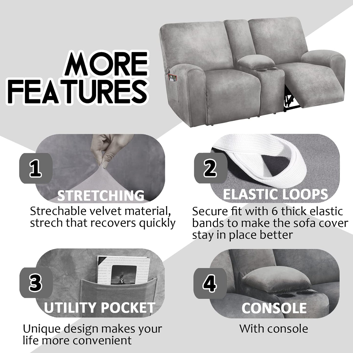 Reclining Love Seat with Middle Console Slipcover, 8-Piece Velvet Stretch Loveseat Reclining Sofa Covers, 2 seat Loveseat Recliner Cover, Thick, Soft, Washable, Loveseat Slipcovers (Light Grey)