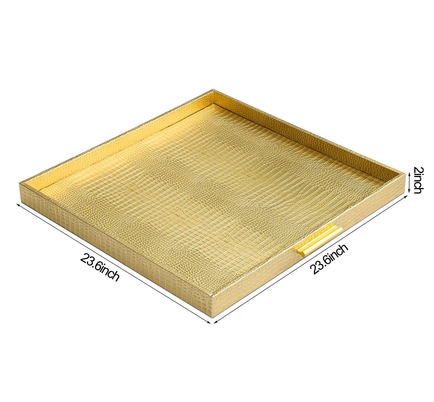 HofferRuffer Extra Large Square Serving Tray, Elegant Faux Leather Ottoman Tray with Gold Hardware Handles, Serve Tea, Coffee or Breakfast in Bed, 24 x 24 inches (Gold, 24" x 24" x 2")