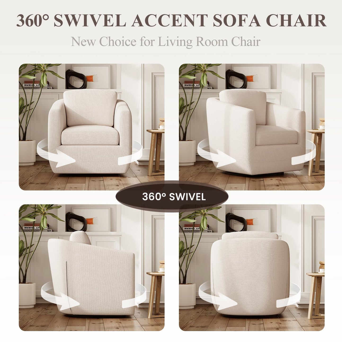 MALOL 360° Swivel Accent Chair- Comfy Living Room Armchair No-Sag Foam & Sturdy Metal Base with Pillow, Fully Assembled Swivel Accent Single Sofa for Bedroom Living Room, Office, Beige