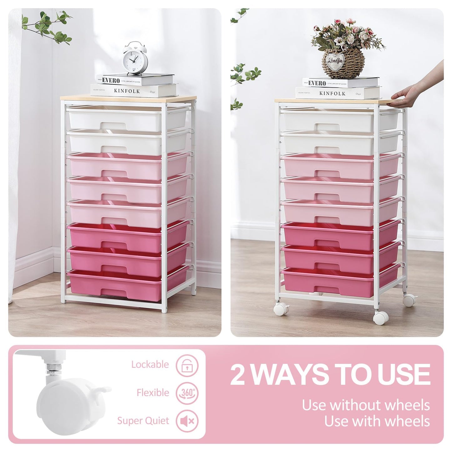 Rolling Cart with Drawers,Storage Cart with 8 Drawers and Wooden Tabletop,Utility Cart for Living Room,Classroom, Bedroom,Bathroom,Dorm,Office,Rose Pink