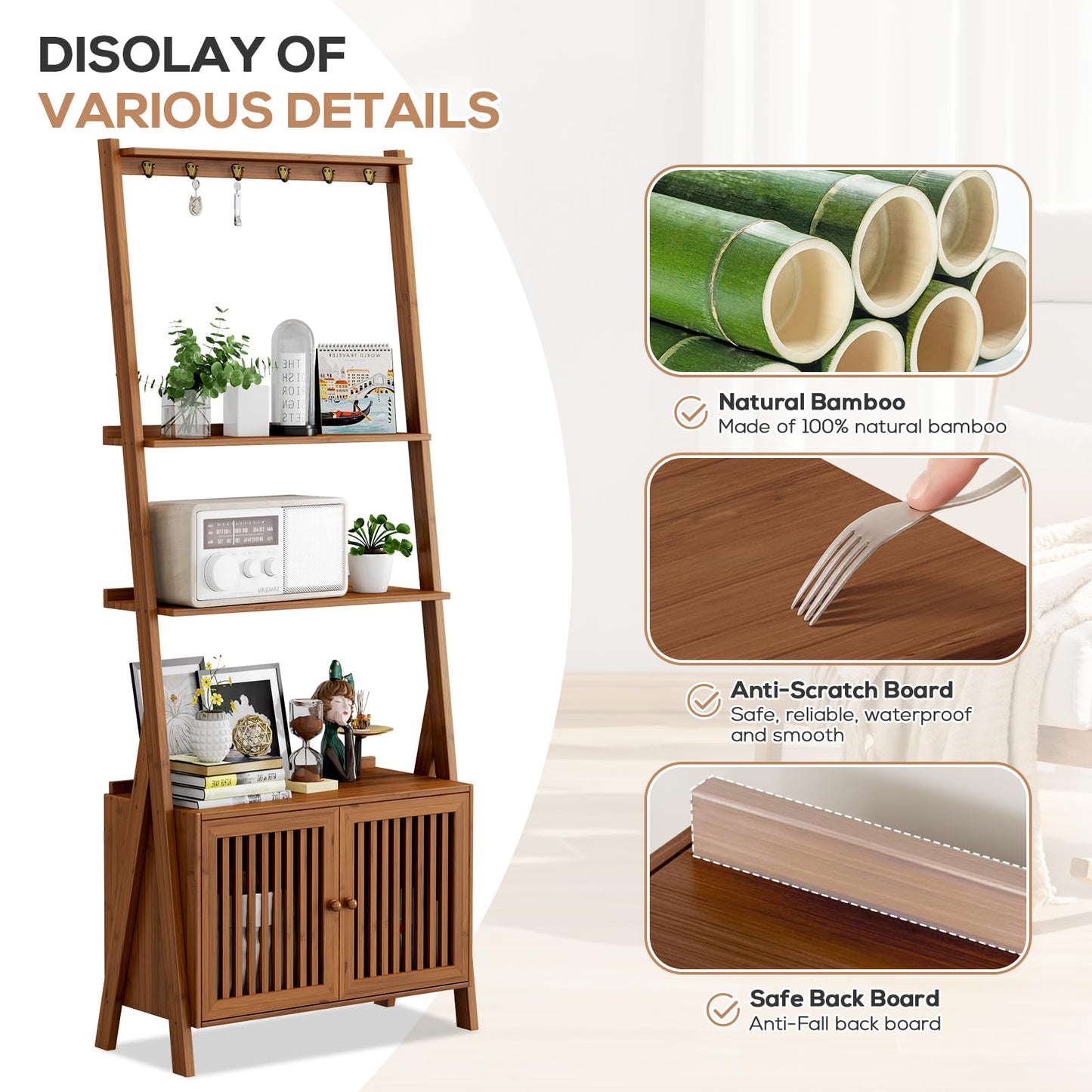 Bookcase with Drawers, 4-Tier Bamboo Bookshelf Ladder Shelf with 6 Hooks, Tall Narrow Retro Book Shelf, 24.8"L x 10.6"W x 59.5"H, Standing Storage Organizer for Living Room, Office, Bedroom, Walnut