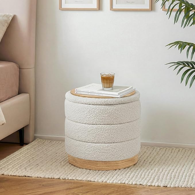 Round Storage Ottoman with Reversible Tray Lid, Folding Chenille Fabric