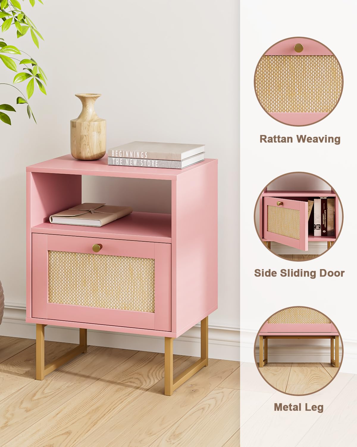 Apetaccat Rattan Nightstand, Boho Night Stand Farmhouse Wood Bedside Table with Storage and Open Shelf, End Side Accent Table for Bedroom,Living Room,Pink