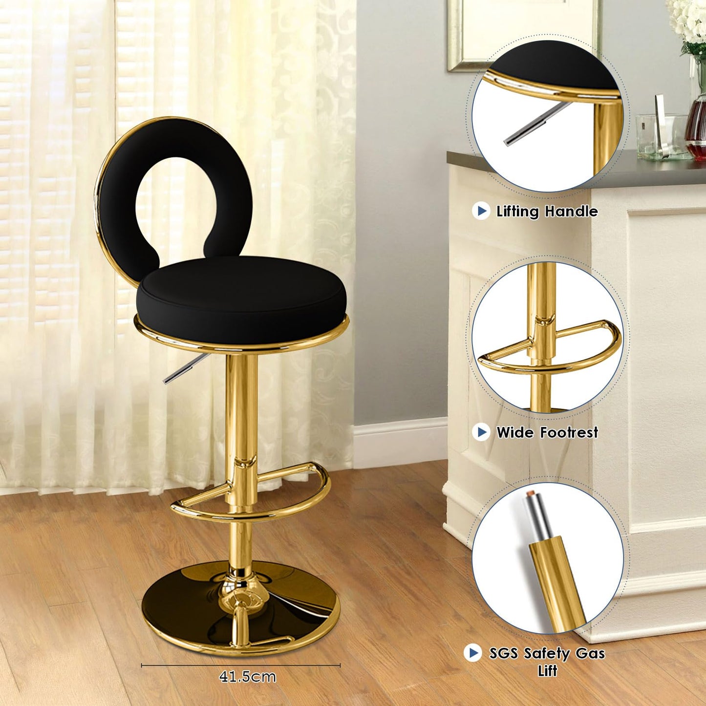 Adjustable Stool with Faux PU Leather for Kitchen Gold Chairs- of 1 (Black Set of 2)