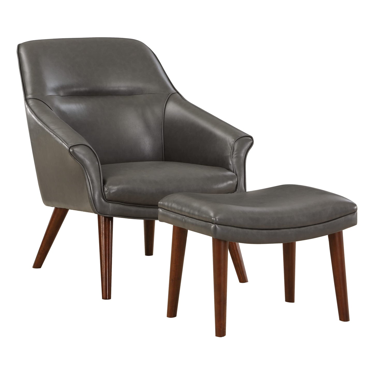 OSP Home Furnishings Waneta High Back Chair and Ottoman with Medium Espresso Legs, Pewter Faux Leather