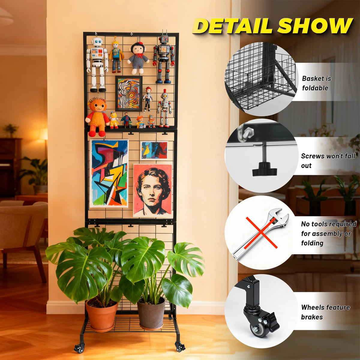 APshouhu Foldable Grid Wall Panels, Gridwall Panels with Folding Baskets, Tool-Free Assembly and Folding, for Storage and Retail Merchandise Display (Black)