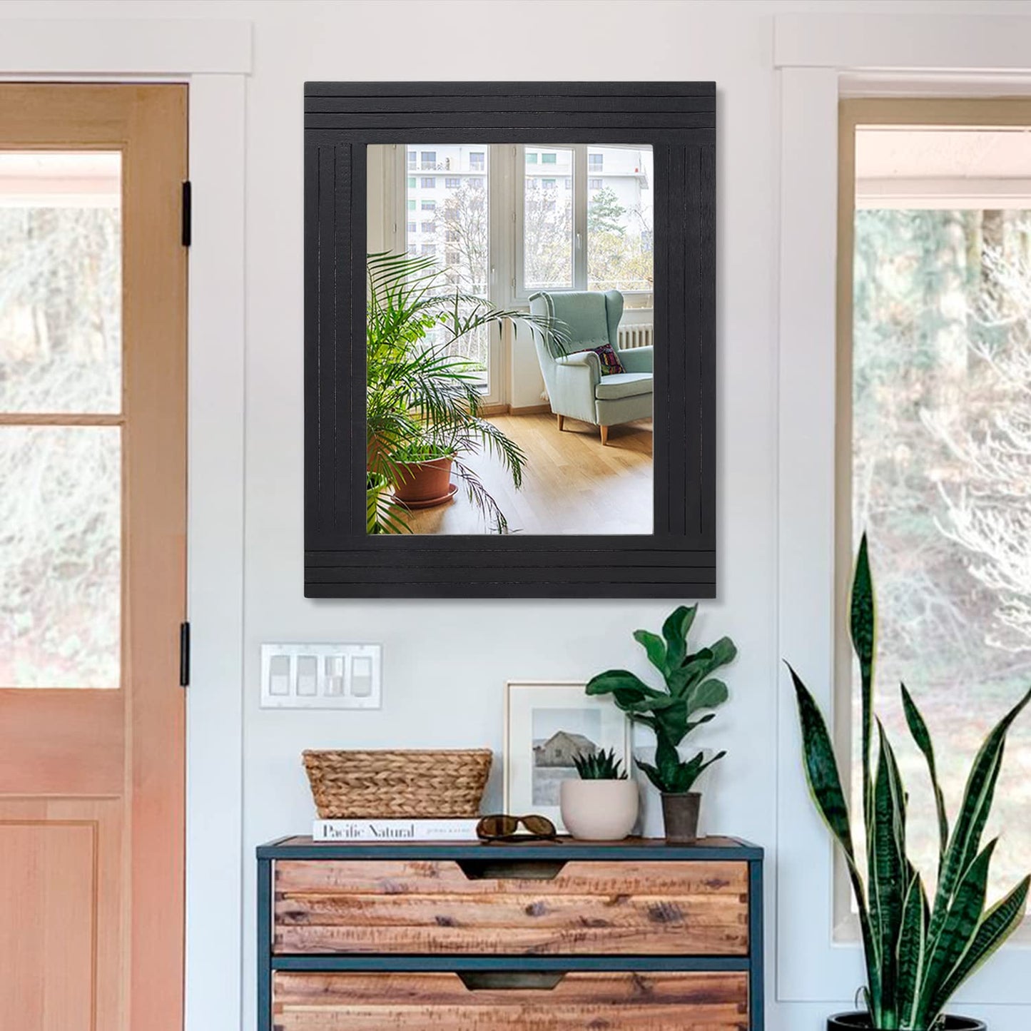 HLFMVWE Black Rectangular Vintage Rustic Wood Framed Large Mirror - Deco Farmhouse Living Room Bathroom Bedroom Entrance - 26" x 18"