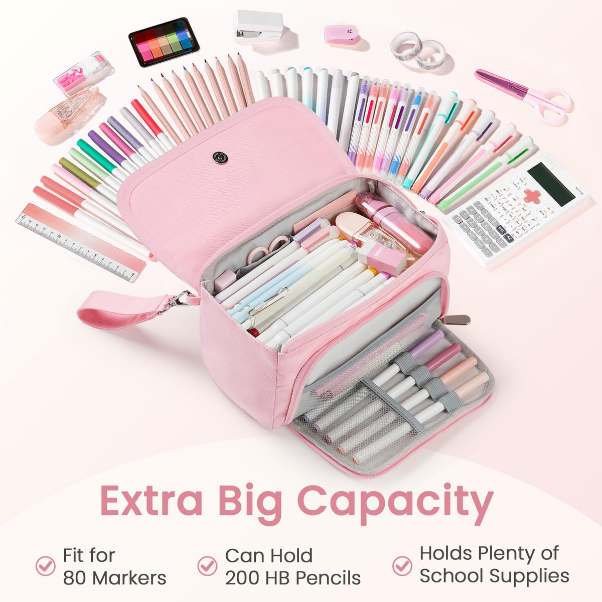 Sooez Super Large Pencil Case, Big Capacity Pencil Bag with 3 Compartments, Holds 100 Pencils, Cute Pencil Pouch with Zipper, Portable Stationery Pen Bag, Aesthetic School Supplies For Girls, Beige