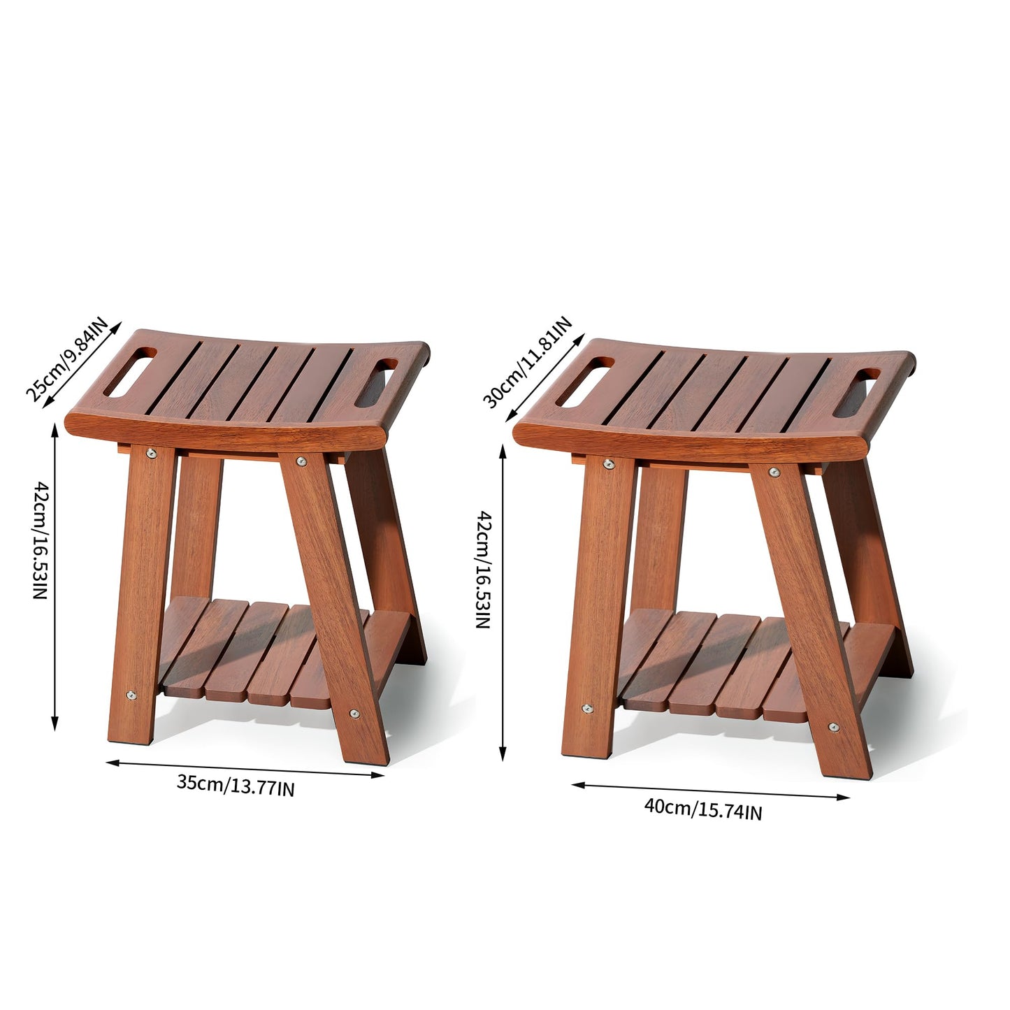 KEGII Teak Shower Stool with Shelf & Towel Bar, Teak Wood Shower Bench for Shaving Legs, 14" Waterproof Bath Seat for Small Bathrooms, Non-Slip Feet (Medium Size)