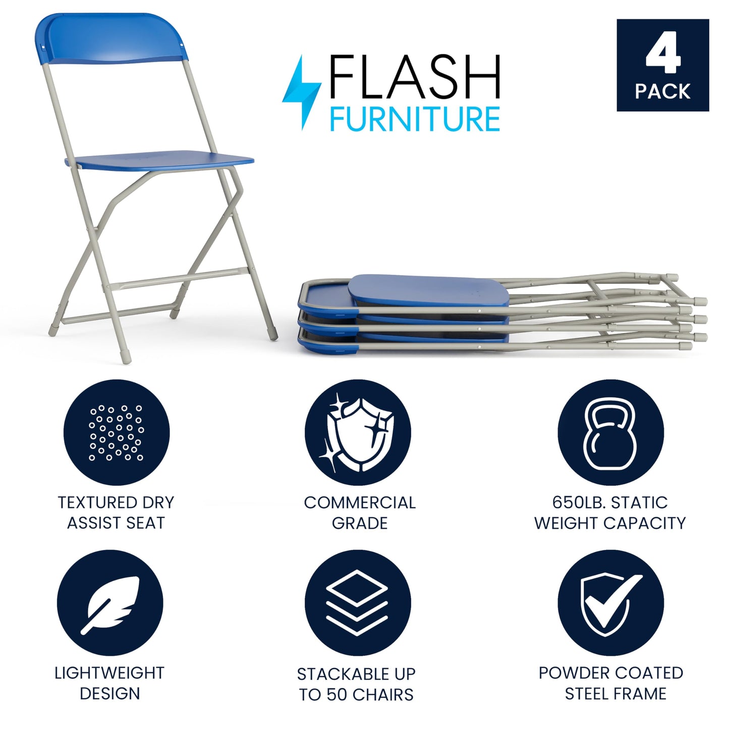 Flash Furniture Hercules Series Plastic Folding Chair - Blue - 4 Pack 650LB Weight Capacity Comfortable Event Chair-Lightweight Folding Chair