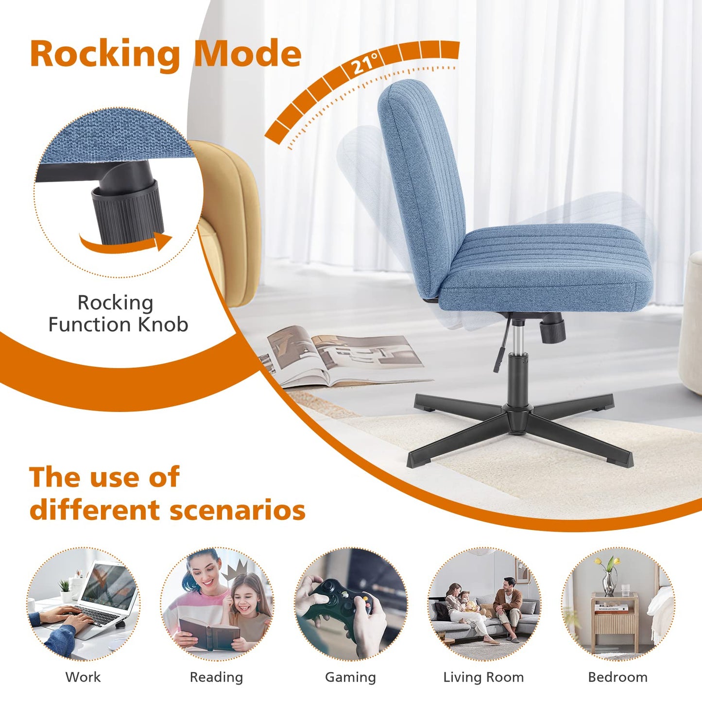 Sweetcrispy Criss Cross Chair Legged, Armless Office Swivel Desk Chairs No Wheels, Vanity Height Adjustable Wide Seat Comfy Cute Computer Task Seating for Home Bedroom,Blue