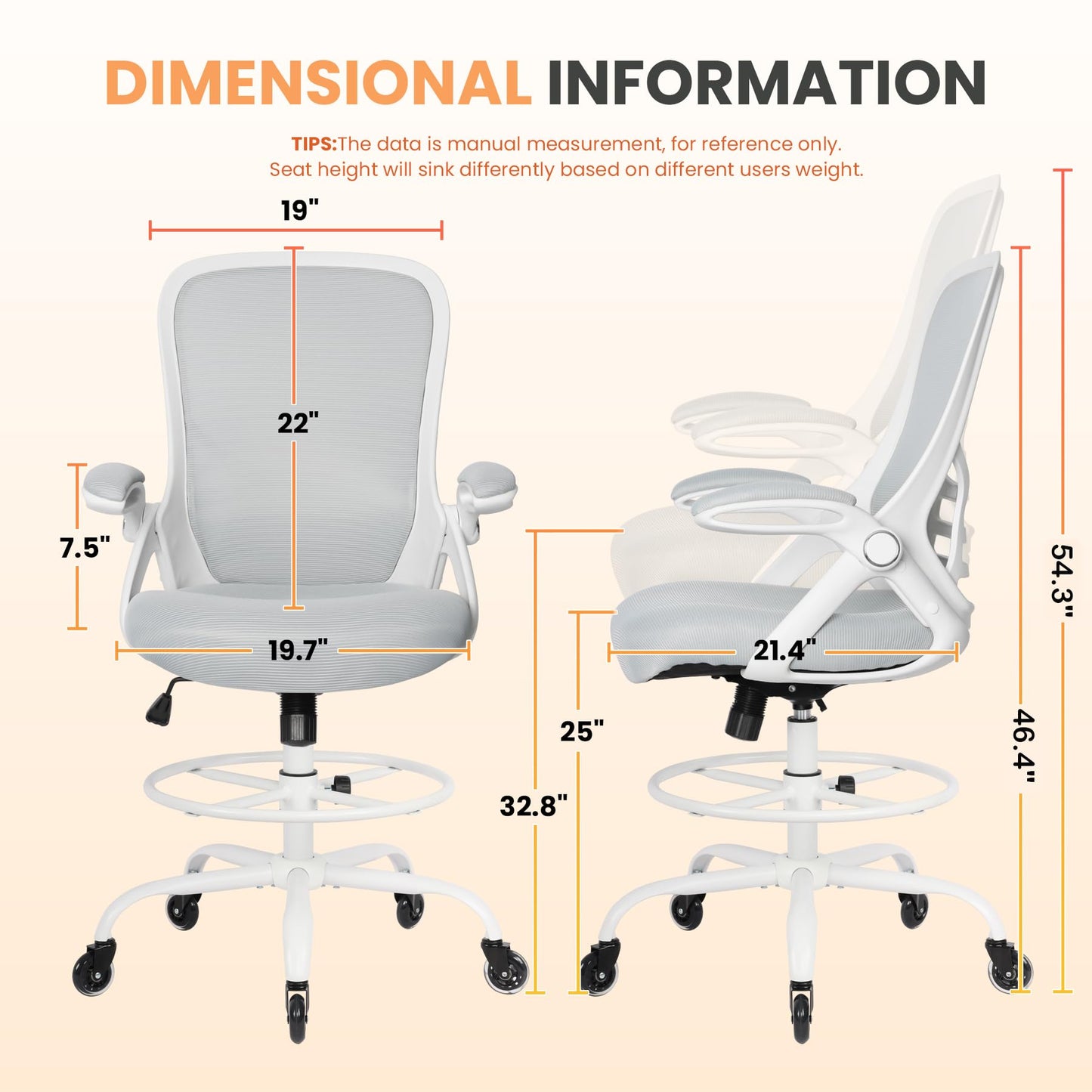 HYLONE Drafting Chair Tall Office, Ergonomic Standing Desk Stool Adjustable Drafting Chair Big Tall Drafting Office Chair White