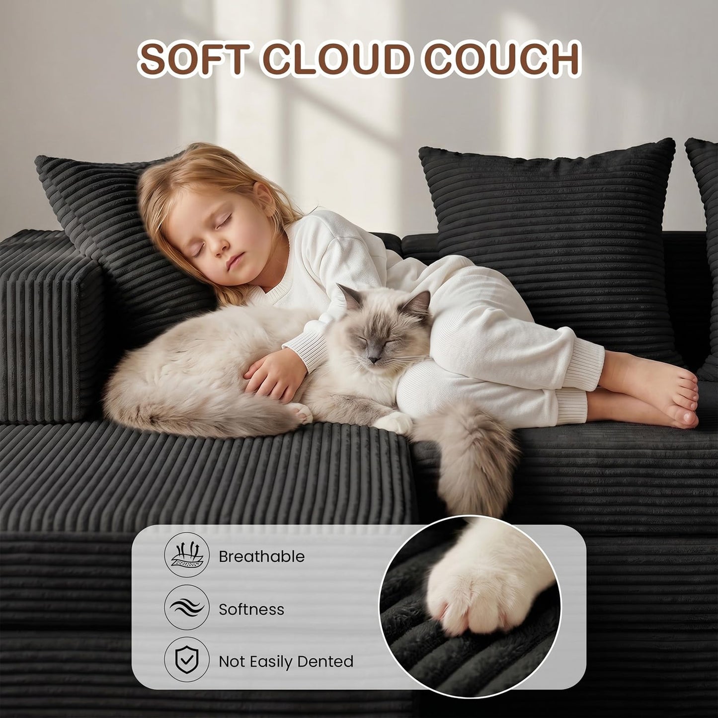 Ziydily Boneless Couches for Living Room, L Shaped Couch with Chaise, 4-in-1 Comfy Corduroy Fluffy Sofas, Mini Flexible Module Combination Compact Room Couch, No Assembly, Black