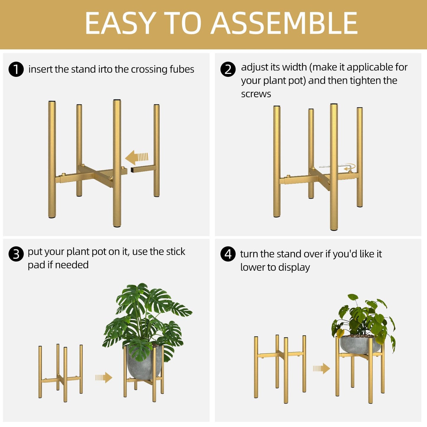 Rioneta Adjustable Metal Plant Stand Indoor, Fits 8-14 Inch Pots, Mid Century Modern Gold Planter Holder,2 Heights, Heavy Duty 160 lb, Indoor Outdoor Corner Floor Pot Stand, Golden