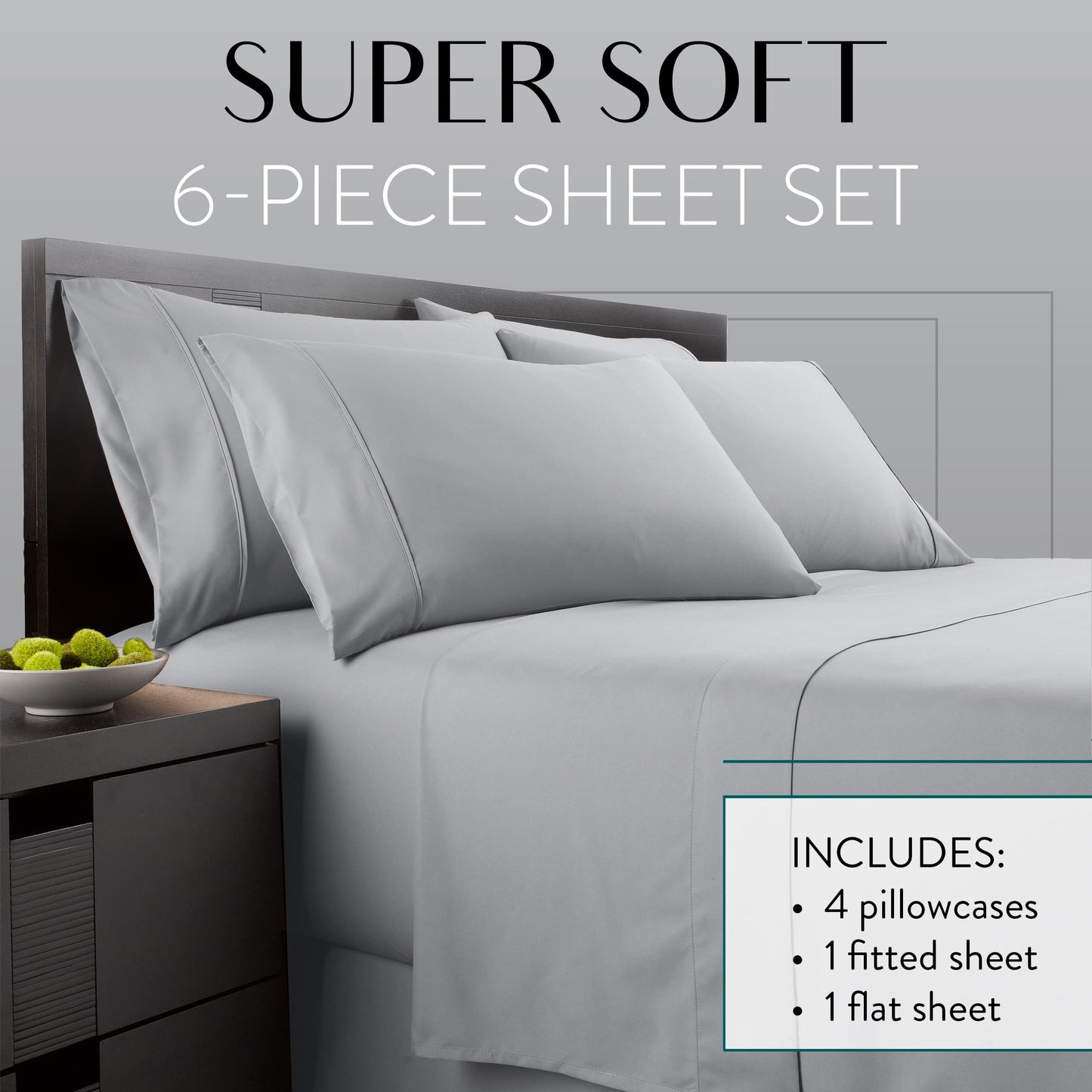 Danjor Linens Bed Sheet Set Queen Size for Hot Sleepers, Hotel Premium Sheets with 4 Pillowcases, Lightweight Brushed Microfiber Deep Pockets, Breathable Cooling 6 Piece Bedding Sets, Light Gray