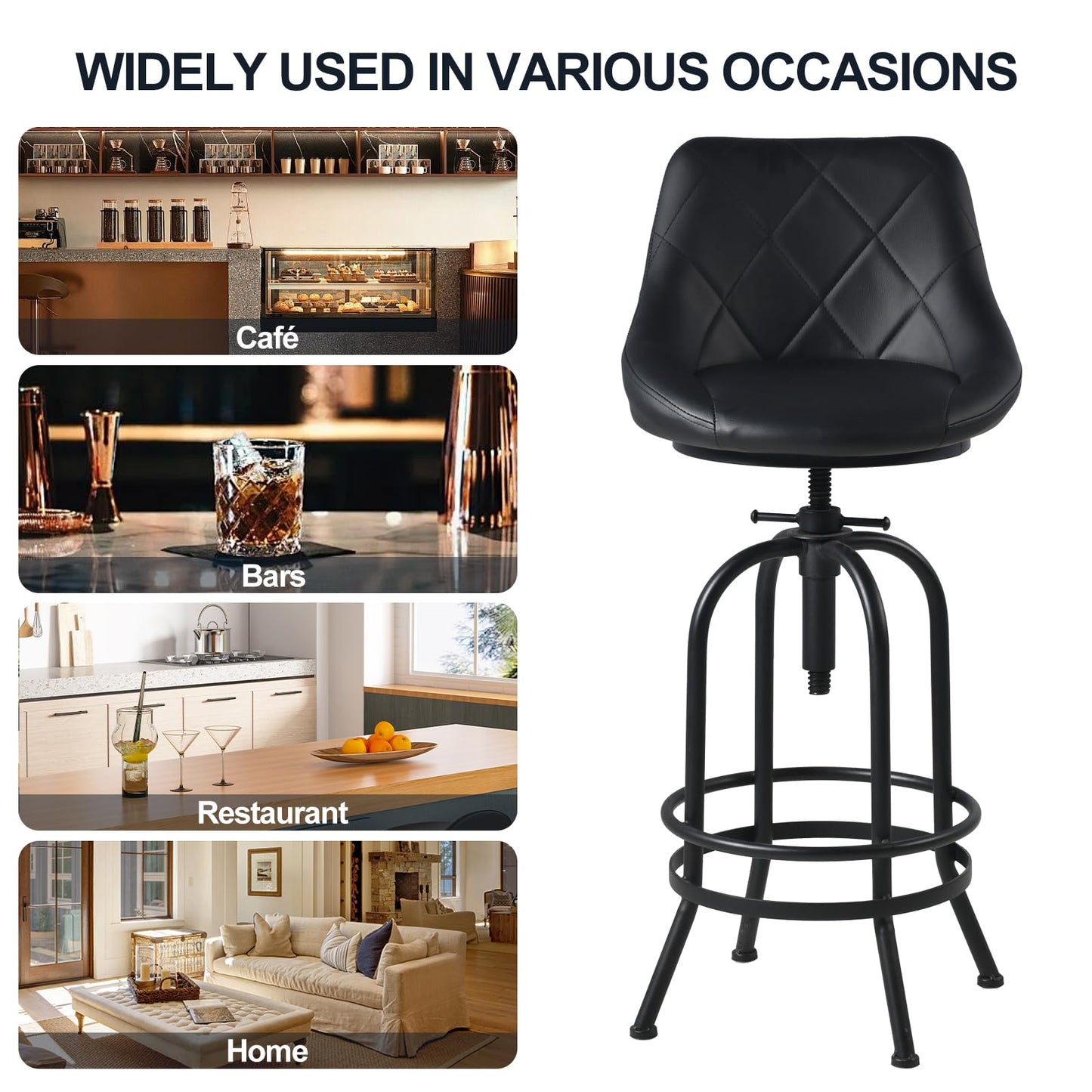 BOKKOLIK Industrial Bar Stool with Leather Backrest 26-32inch Height Adjustable Rustic Swivel Office Chairs Vintage Pub Stools for Kitchen Island Dining Room Living Room