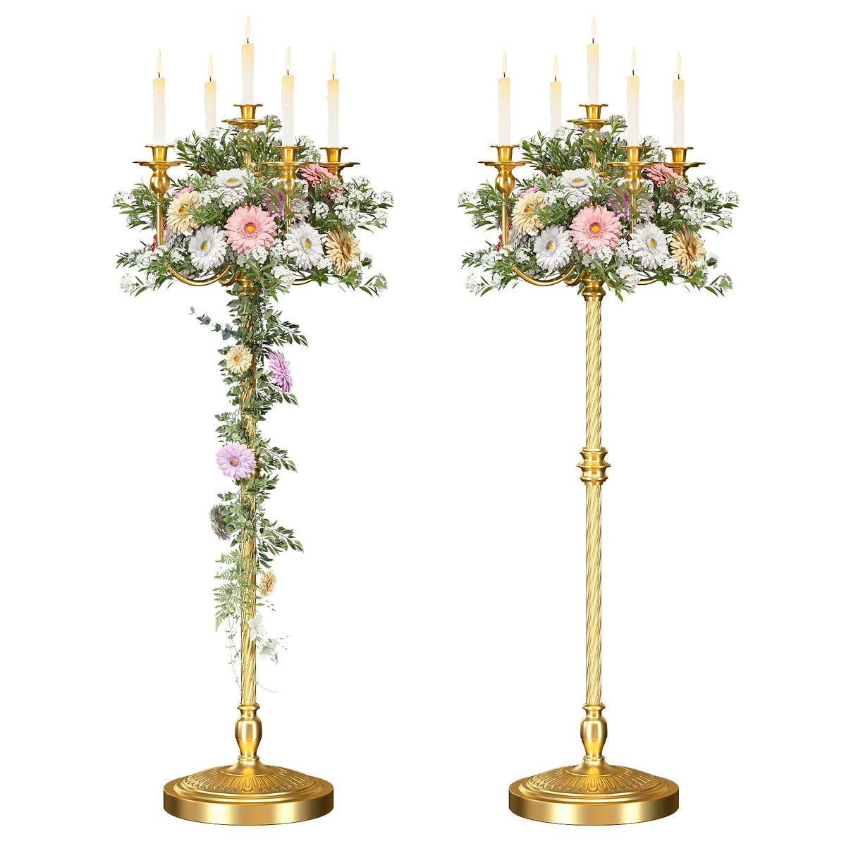 mopam 2 Pcs Floor Candelabra 50 Inch Gold Candelabra Centerpiece 5 Arms Floor Standing Candelabra Gold Candlestick Holder Antique Candle Holder Decorative for Party, Ceremony, Wedding (Line Styling)