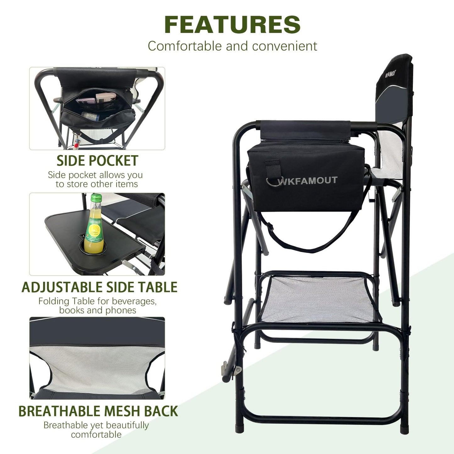 WKFAMOUT Tall Folding Director Chair 30.7" Seat Height Foldable Bar Stool for Makeup Artist Face Painting with Side Table Carry Bag and Cosmetic Bag Supports 250LBS