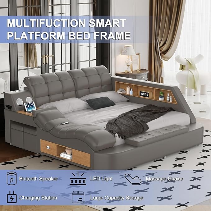 Luxury Smart King Bed Frame, Leather Headboard/Strong Wooden Slats