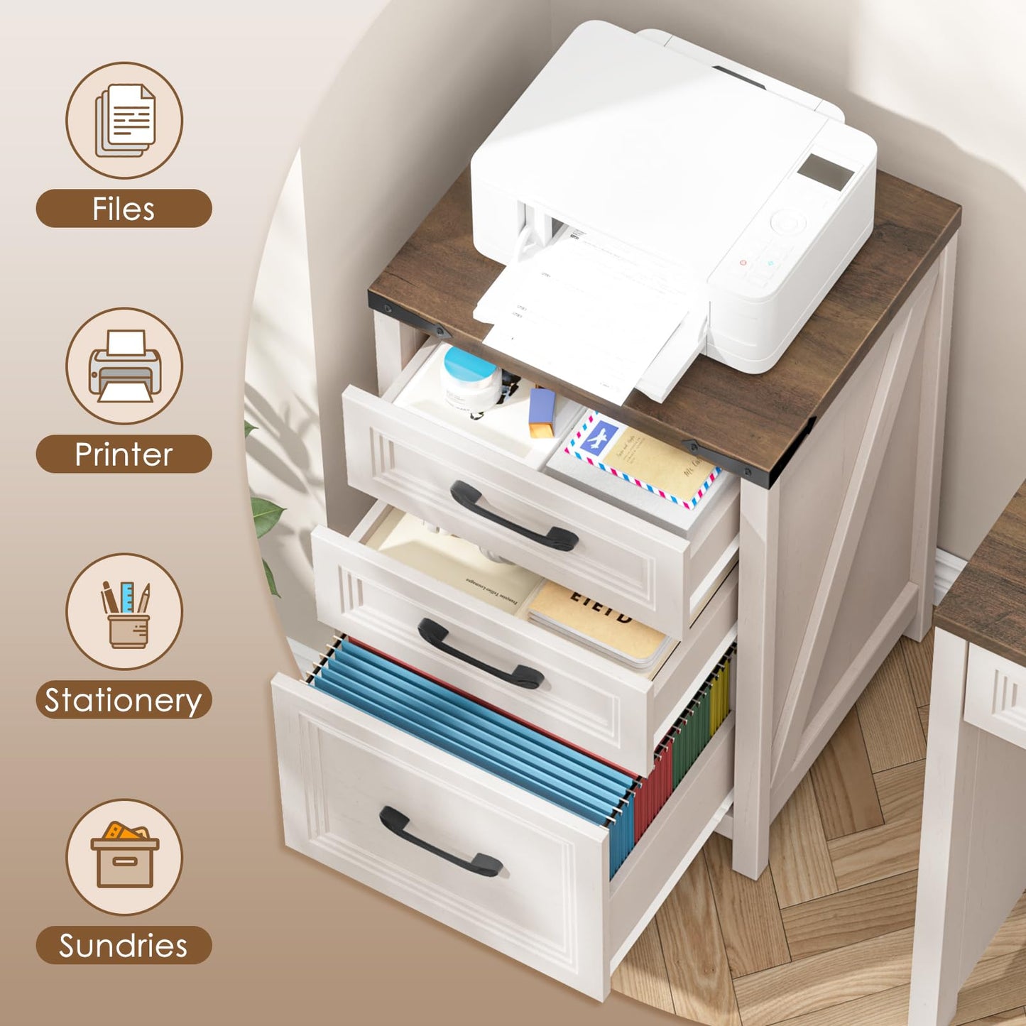 Vabches 3 Drawer Vertical File Cabinet, Wood Farmhouse Filing Cabinet Fits A4/Letter Size, Under Desk Small File Cabinets Printer Stand with Storage for Home Office, White and Brown