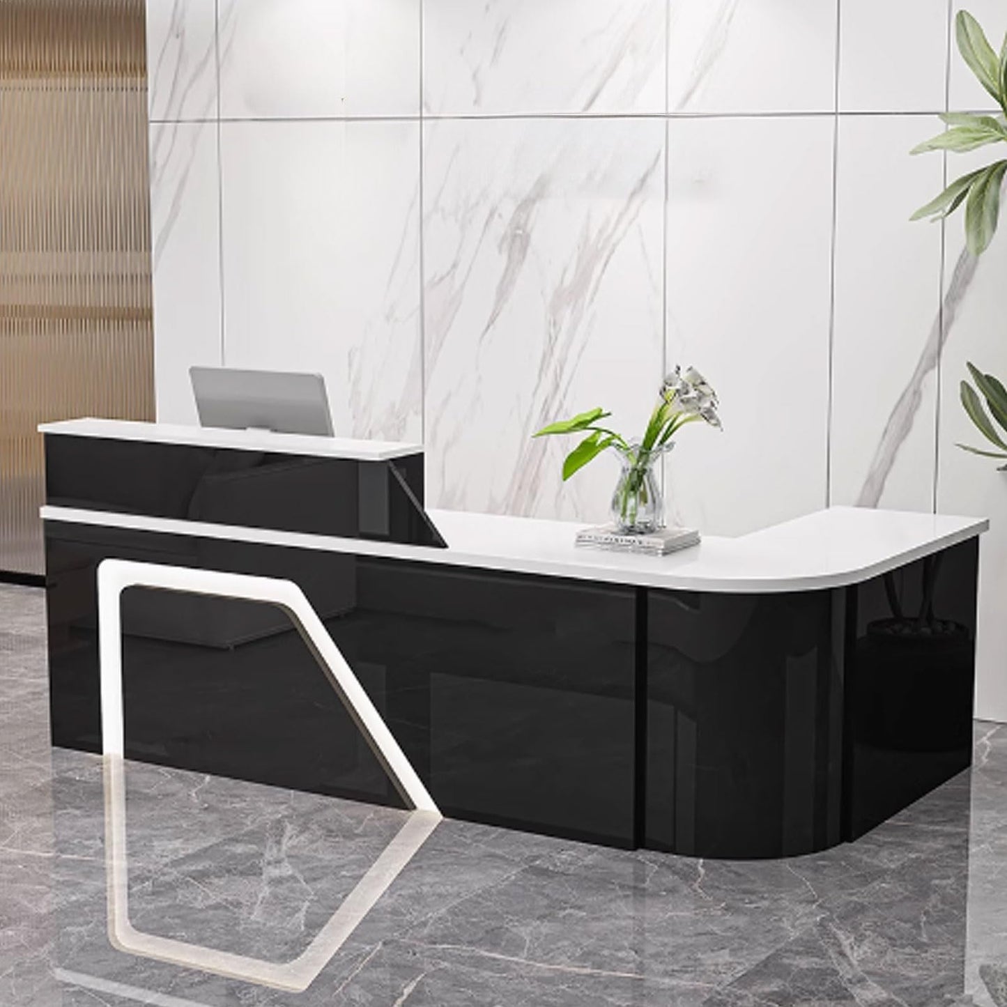Modern Reception Desk - Stylish Black & White Receptionist Counter for Offices & Restaurants, 140cm Lobby Furniture, Sleek Standing Design for Professional Spaces