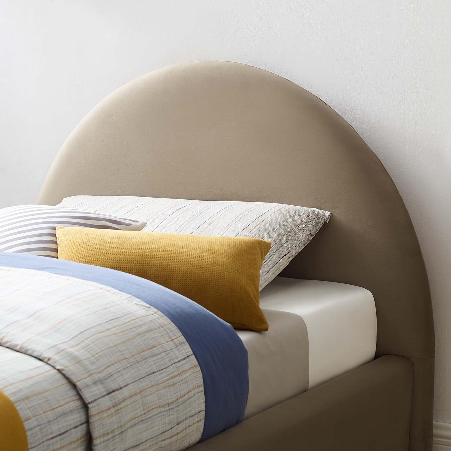 Modway Resort Twin Size Platform Bed with Arch Shaped Round Headboard in Taupe, Upholstered Bed Frame, Stain-Resistant Performance Velvet, Soft Cloud Bed Frame, No Box Spring Needed, Strong Wood Slats