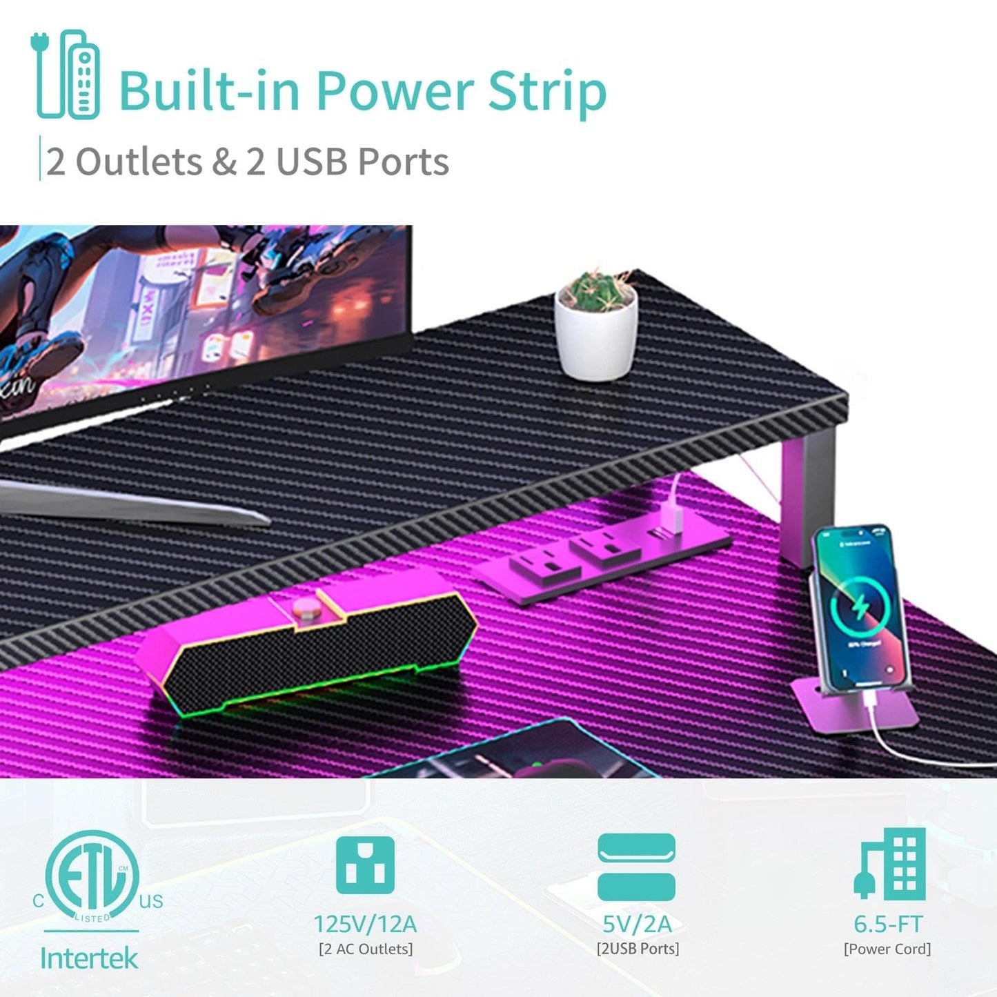 Lufeiya Gaming Desk with Power Outlets and LED Lights, 40 Inch Gamer Desk Table with Charging Station, Home Office Computer Desks with Monitor, Black