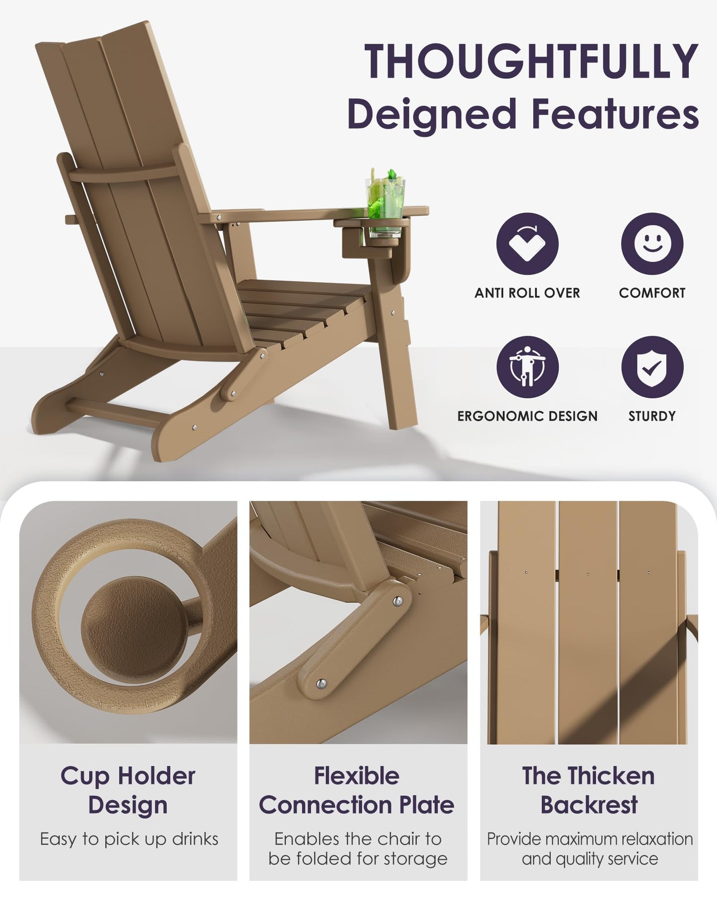 Adiromoti Folding Adirondack Chairs, All-Weather Resistant HDPE Patio Firepit Chairs, Sturdy Outside Chairs with Cup Holder, Pre-Installed Lawn Chairs Load Capacity 385lb, Weathered Wood