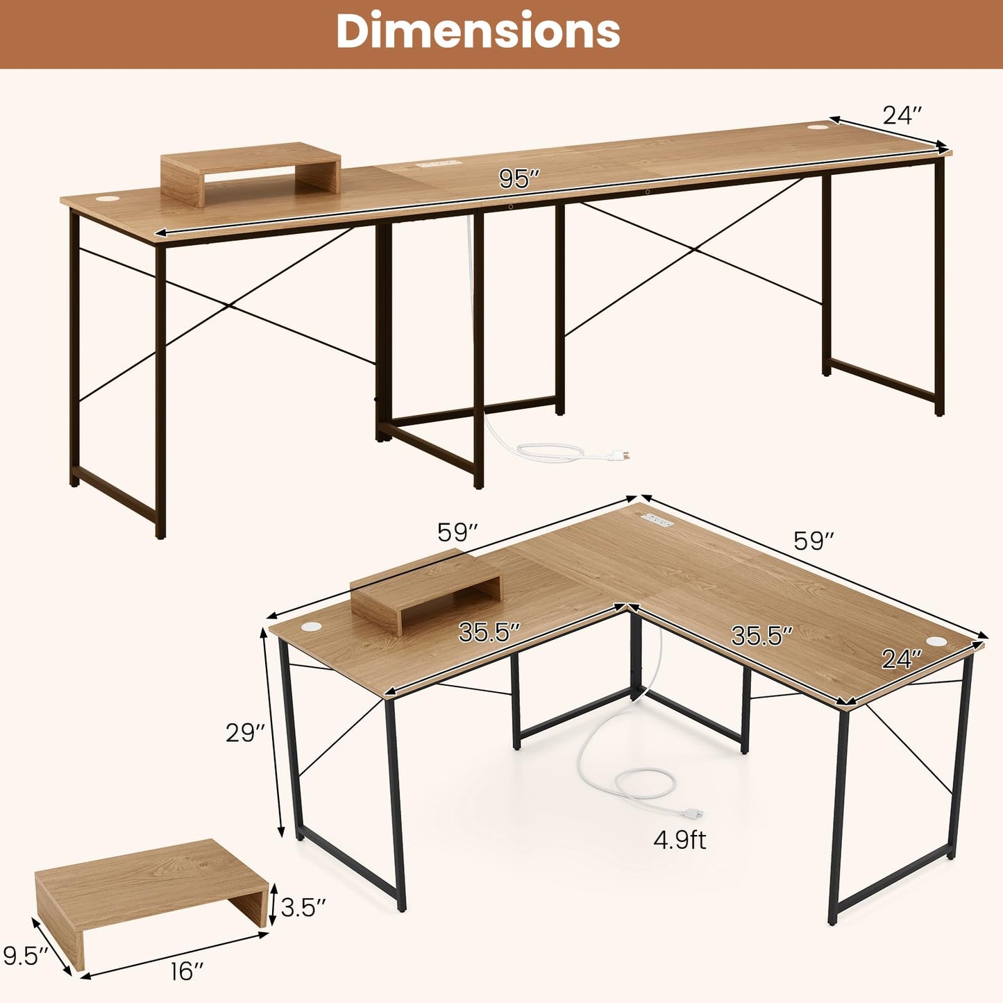 Tangkula L-Shaped Computer Desk with Power Outlets, 95” Long 2-Person Desk with Monitor Shelf, Modern Corner Desk Gaming Table with USB Ports for Home Office