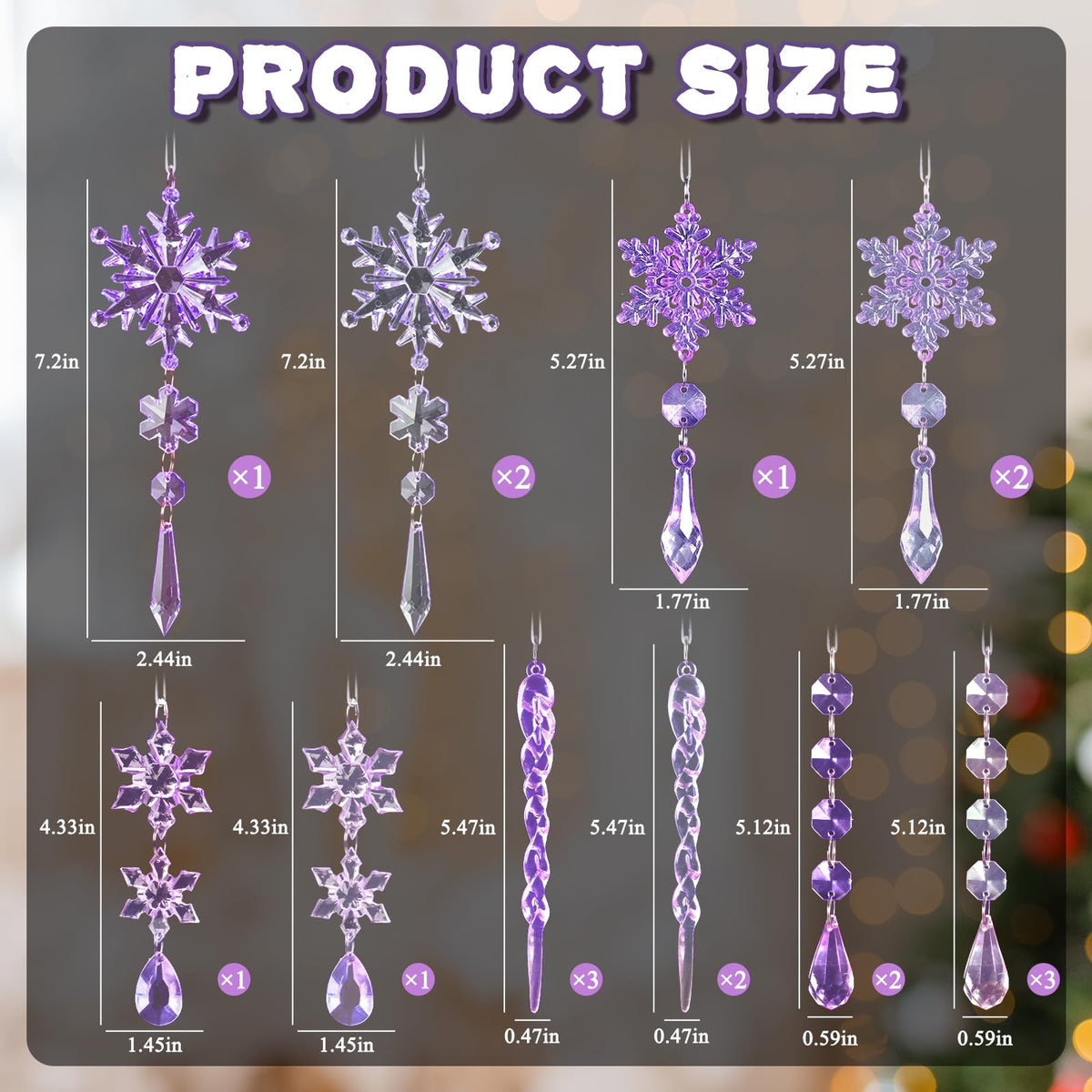 18pcs Crystal Christmas Ornaments for Christmas Tree Decorations-Dark Purple and Light Purple Hanging Acrylic Snowflake and Icicle Ornaments with Drop Pendants for New Year Party Decorations Supplies