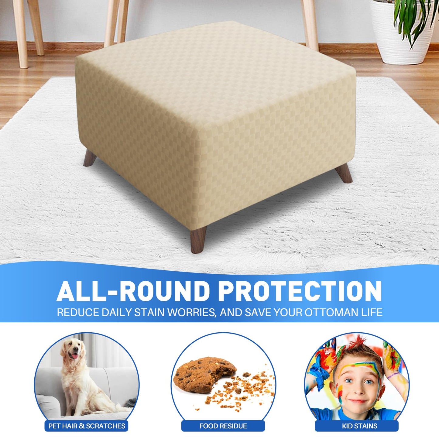 MAXIJIN Jacquard Ottoman Cover Slipcovers Folding Storage Stool Furniture Protector Cover Soft Thick Rectangle Foot Rest Slipcover with Elastic Bottom (Ottoman X-Large, Light Beige)
