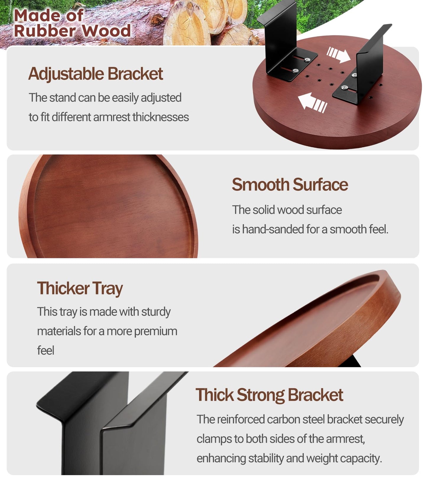 Semjar 2 Pack Sofa Arm Tray,11.8“ Adjustable Natural Wood Couch Arm Trays Tables with Phone Holder,More Anti-Slip Clip On Chair Table Tray,Round Couch Armrest Cup Holder for Drinks Snack Eating