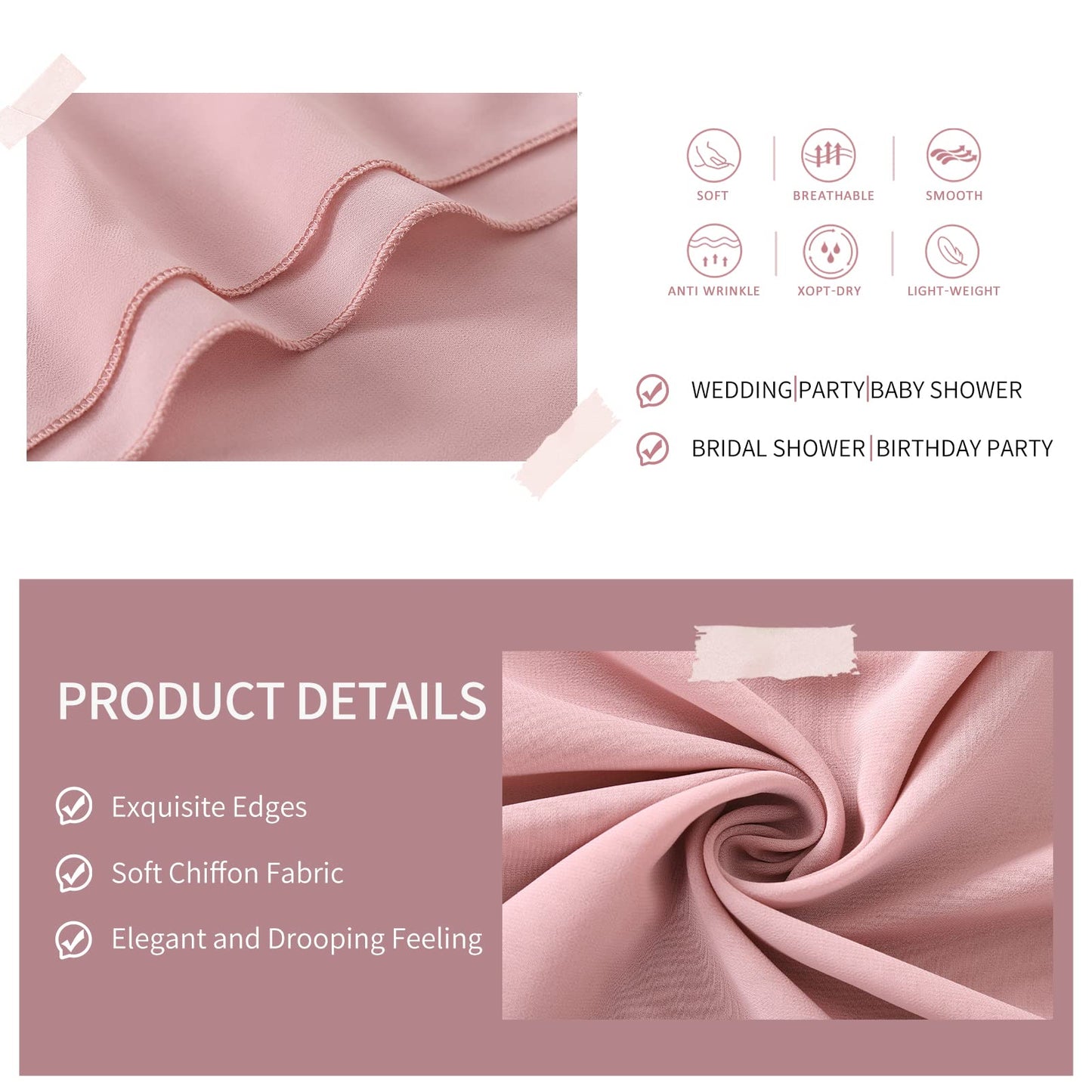 Dusty Rose Chiffon Table Runner 10 Pieces 27x120 Inches Elegant Soft Table Runners for Wedding Reception Table Decoration