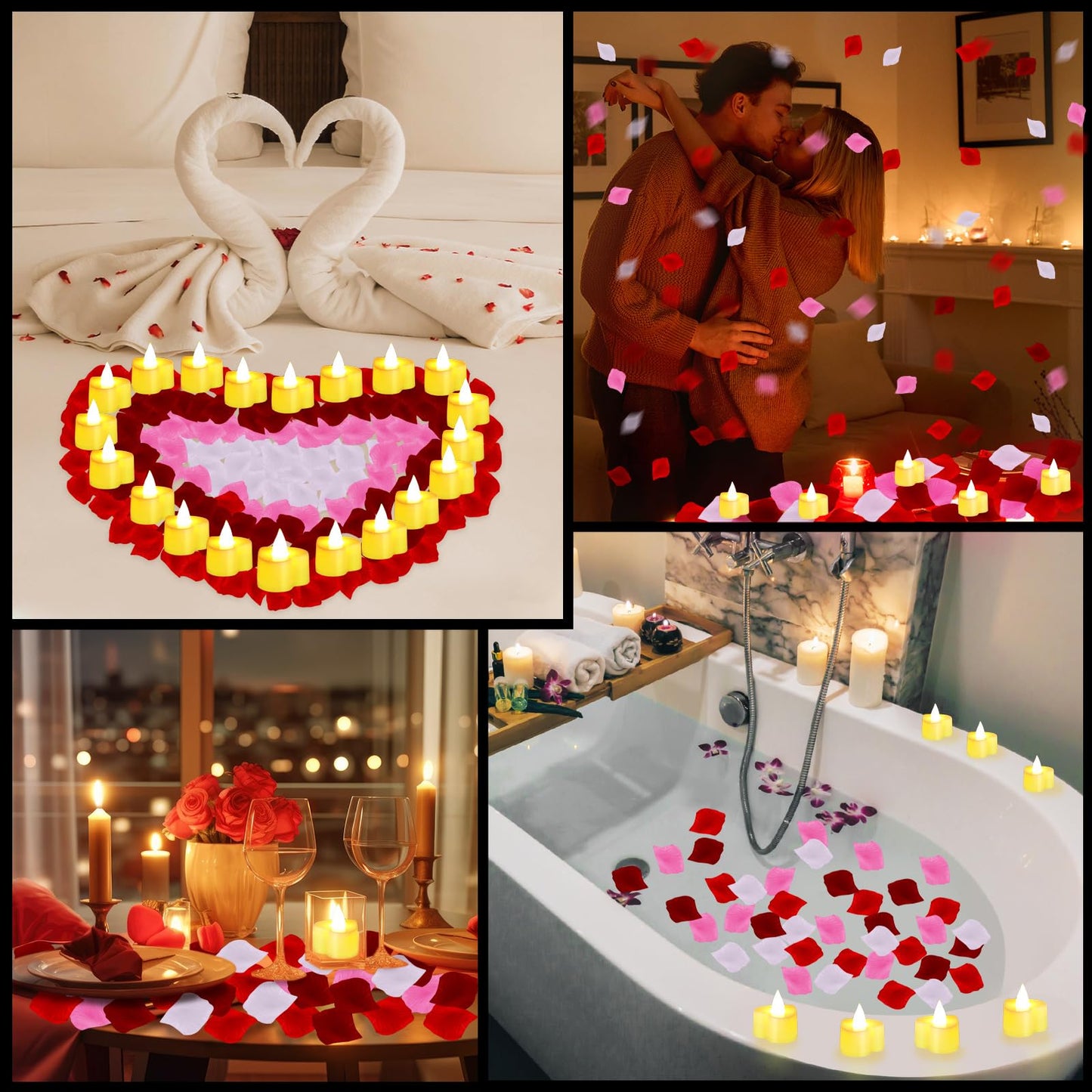 VIHOSE 4000 Pcs Artificial Rose Petals with 24 Pcs LED Tea Lights Candles Flameless LED Candles Fake Rose Petals for Wedding Birthday Party(Yellow Light, Bright Color Petal)